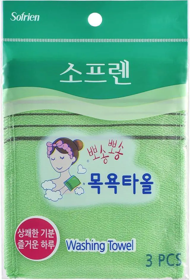 Main image of Quality Korean Bath Exfoliating Washcloth Body Scrub Towels. Made in Korea (Green, 3 Pcs)