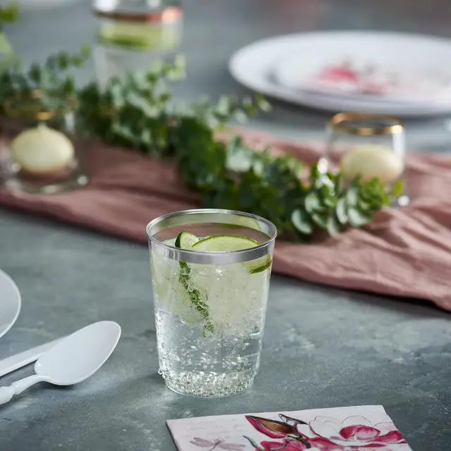 Alt view image 6 of 6 - PLASTICPRO Disposable 8 oz Crystal Clear Plastic Tumblers With Silver Rim for Party's & Weddings pack of 50