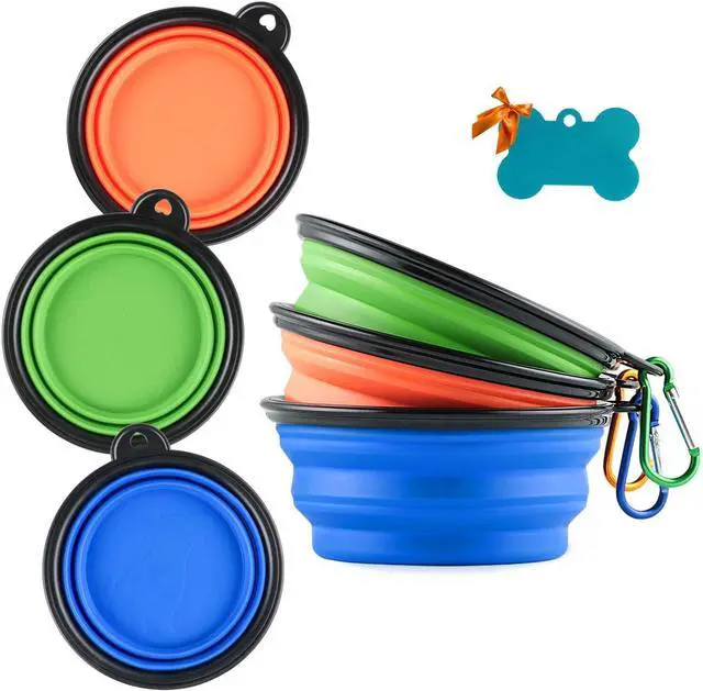Main image of Collapsible Silicone Dog Bowls, 3-Pack Travel Pet Food Water Bowls | Orange, green & blue. 5.1 in wide, 2.1 in tall, folds to 0.5 in. Holds 12 oz water or 1.5 cups food. Includes ID tag.