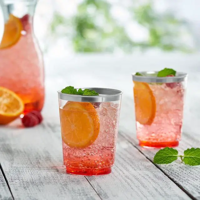 Alt view image 5 of 6 - PLASTICPRO Disposable 8 oz Crystal Clear Plastic Tumblers With Silver Rim for Party's & Weddings pack of 50