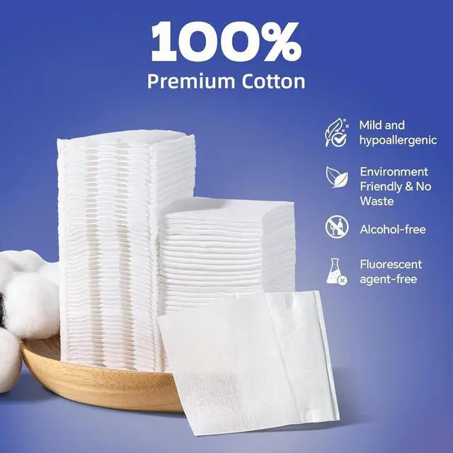 Alt view image 4 of 7 - Square Cotton Pads for Face (475 Count) - 100% Pure Cotton, Soft Lint-Free Makeup Remover Pads for Facial and Eye Use, Double-Sided Design to Save Water and Hypoallergenic (75 Thick & 400 Ultra-Thin)