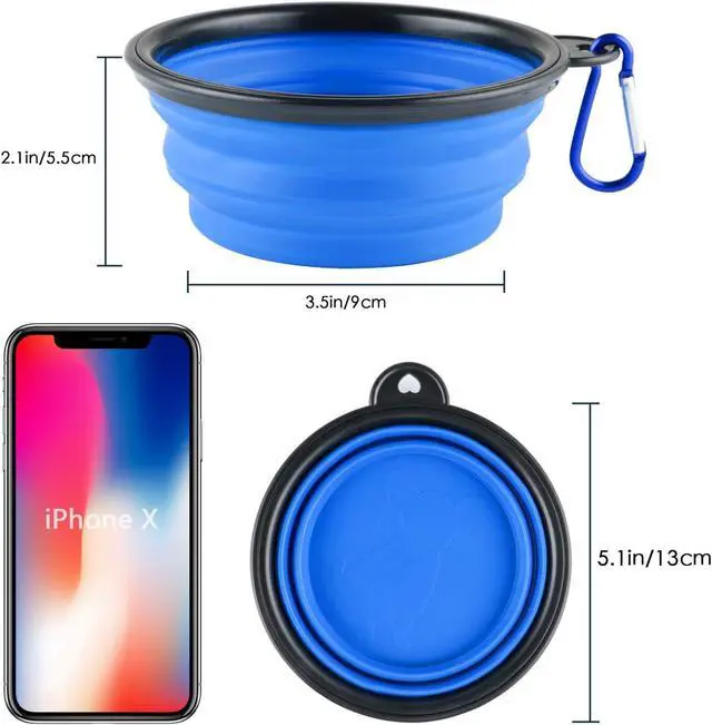 Alt view image 2 of 6 - Collapsible Silicone Dog Bowls, 3-Pack Travel Pet Food Water Bowls | Orange, green & blue. 5.1 in wide, 2.1 in tall, folds to 0.5 in. Holds 12 oz water or 1.5 cups food. Includes ID tag.