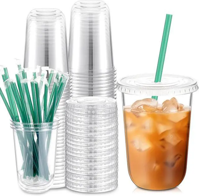 Main image of Baderke 25 Sets Clear Plastic Cups with Lids and Straws Disposable Plastic Iced Coffee Cups for Cold Beverage Juice Smoothie Coffee and Party Catering (16 oz)