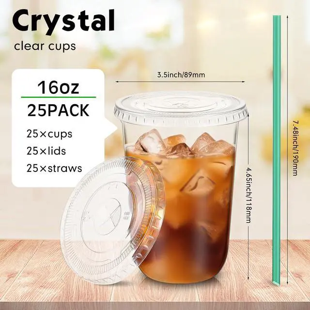 Alt view image 3 of 6 - Baderke 25 Sets Clear Plastic Cups with Lids and Straws Disposable Plastic Iced Coffee Cups for Cold Beverage Juice Smoothie Coffee and Party Catering (16 oz)