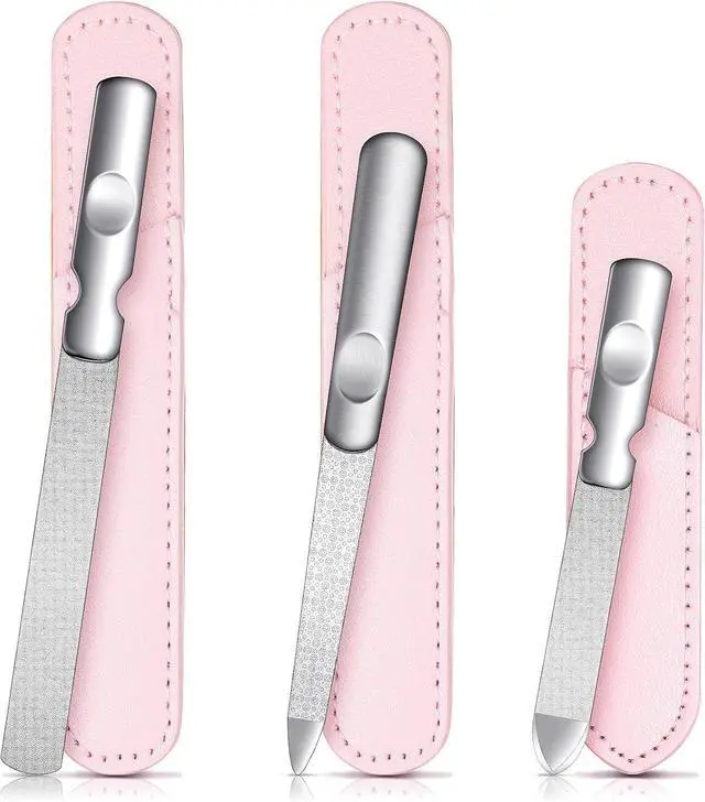 Main image of 3 Pcs Stainless Steel Nail Files Kit with Leather Case, Double Sided Metal Nail Files with Anti-Slip Handle for Women and Men, Metal File Buffer Manicure Pedicure Tools for Fingernail Toenail(Pink)
