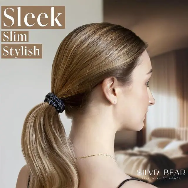 Alt view image 3 of 7 - Silvr Bear Luxury Satin Skinny Scrunchies, 6 Count - Black Skinny, Hair Ties for Women, Girls and Men, Softer than Silk Scrunchies, Hair Accessories for All Hair Types