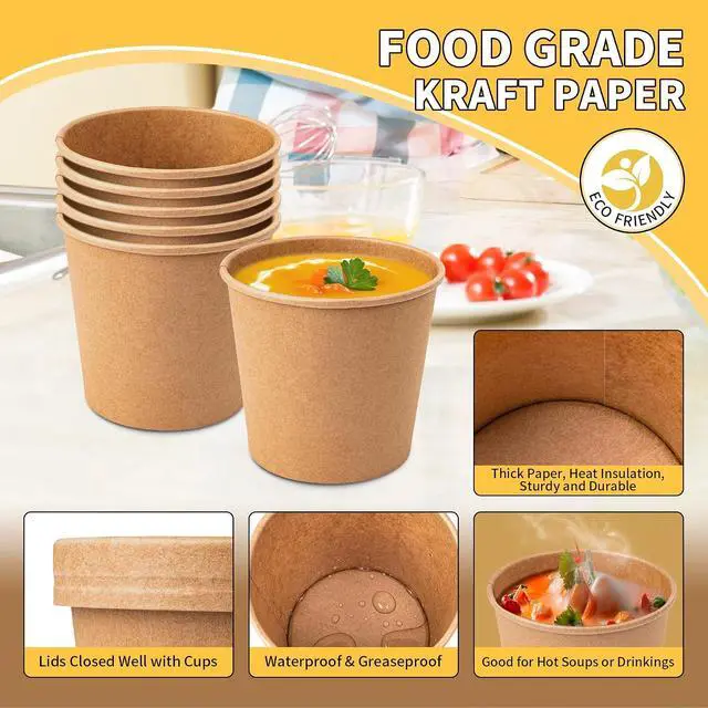 Alt view image 4 of 7 - PakTalk Paper Soup Bowls with Lids, Disposable Ice Cream Cups Kraft Paper Soup Bowls 26oz To Go Soup Containers with Lids for Hot Soups, Food Storage, Ice Creams(10 Sets, 26 oz)