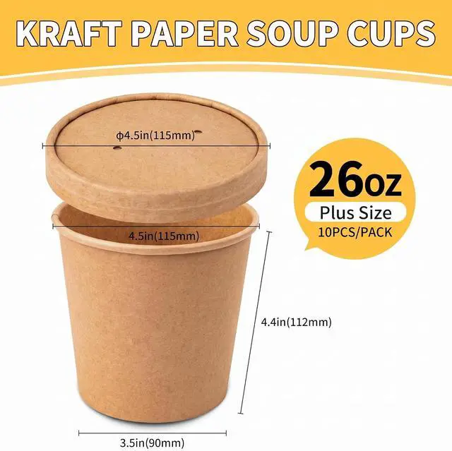 Alt view image 3 of 7 - PakTalk Paper Soup Bowls with Lids, Disposable Ice Cream Cups Kraft Paper Soup Bowls 26oz To Go Soup Containers with Lids for Hot Soups, Food Storage, Ice Creams(10 Sets, 26 oz)