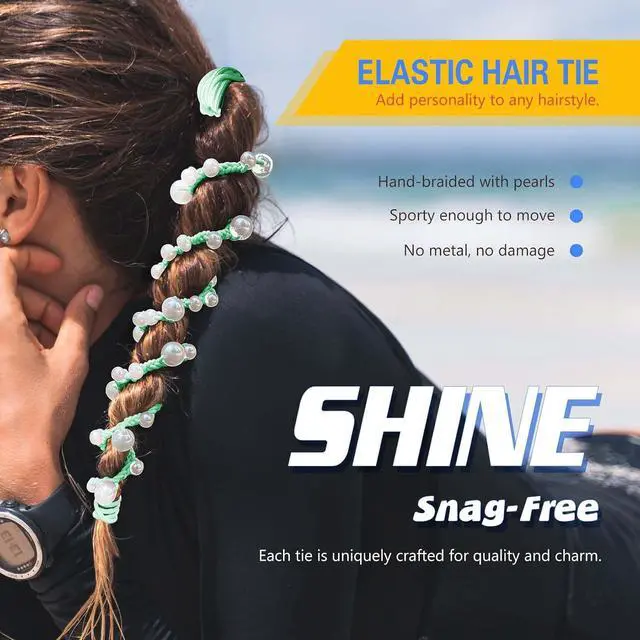 Alt view image 2 of 5 - Spiral Hair Ties for Women No Hook, 16" Hand Braided Pearl Ponytail Holders Soft Pony Tail Wrap for Sports,Workouts,Daily Use,Swim, Beach, No-Damage Hair Accessories Hair Accessories (Aqua)