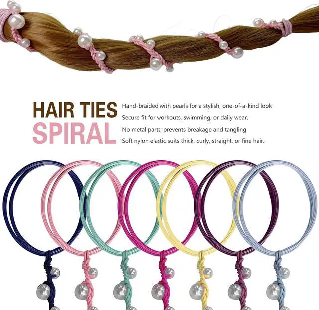 Alt view image 3 of 5 - Spiral Hair Ties for Women No Hook, 16" Hand Braided Pearl Ponytail Holders Soft Pony Tail Wrap for Sports,Workouts,Daily Use,Swim, Beach, No-Damage Hair Accessories Hair Accessories (Aqua)