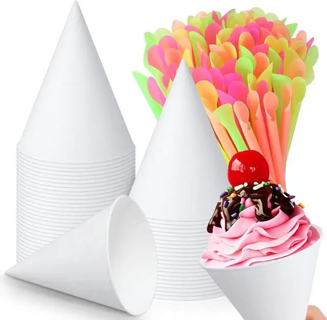 Main image of Eaasty 100 Pcs Snow Cone and Straws Paper Cone Cups 4.5 oz,White | Disposable Snowcone Cups with Spoon Straws Bulk, Colorful, Conical Design, for Summer Slush Shaved Ice Cream Sorbet Water