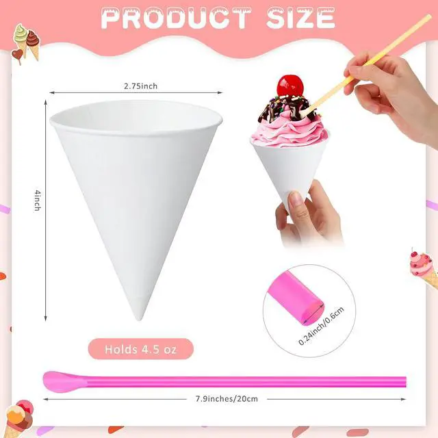 Alt view image 2 of 7 - Eaasty 100 Pcs Snow Cone and Straws Paper Cone Cups 4.5 oz,White | Disposable Snowcone Cups with Spoon Straws Bulk, Colorful, Conical Design, for Summer Slush Shaved Ice Cream Sorbet Water