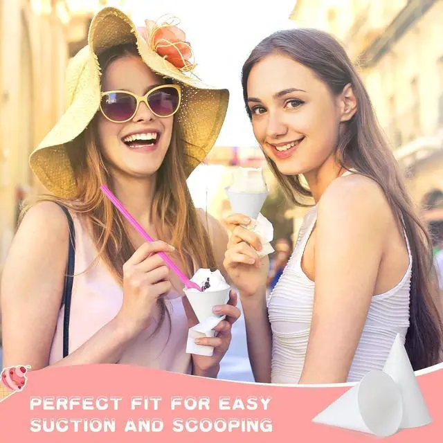 Alt view image 3 of 7 - Eaasty 100 Pcs Snow Cone and Straws Paper Cone Cups 4.5 oz,White | Disposable Snowcone Cups with Spoon Straws Bulk, Colorful, Conical Design, for Summer Slush Shaved Ice Cream Sorbet Water
