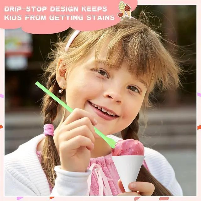 Alt view image 4 of 7 - Eaasty 100 Pcs Snow Cone and Straws Paper Cone Cups 4.5 oz,White | Disposable Snowcone Cups with Spoon Straws Bulk, Colorful, Conical Design, for Summer Slush Shaved Ice Cream Sorbet Water