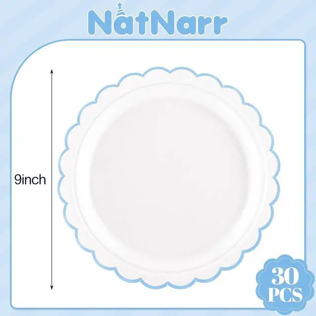 Alt view image 2 of 7 - NatNarr 30 Pcs Light Blue Plates 9" Scalloped Blue and White Dessert Plates | Cute Blue Paper Plates for Nautical Summer Pool Party Birthday Baby Bridal Shower Beach Wedding, Oil- and Water-Resistant
