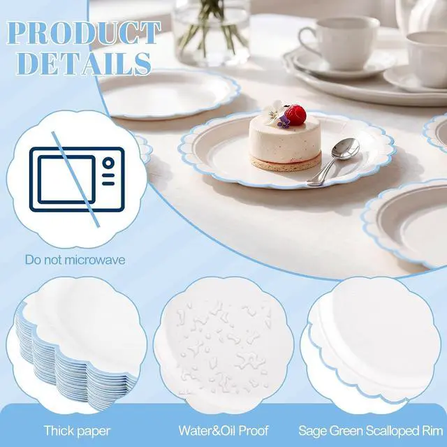 Alt view image 3 of 7 - NatNarr 30 Pcs Light Blue Plates 9" Scalloped Blue and White Dessert Plates | Cute Blue Paper Plates for Nautical Summer Pool Party Birthday Baby Bridal Shower Beach Wedding, Oil- and Water-Resistant
