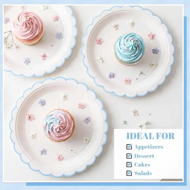 Alt view image 4 of 7 - NatNarr 30 Pcs Light Blue Plates 9" Scalloped Blue and White Dessert Plates | Cute Blue Paper Plates for Nautical Summer Pool Party Birthday Baby Bridal Shower Beach Wedding, Oil- and Water-Resistant