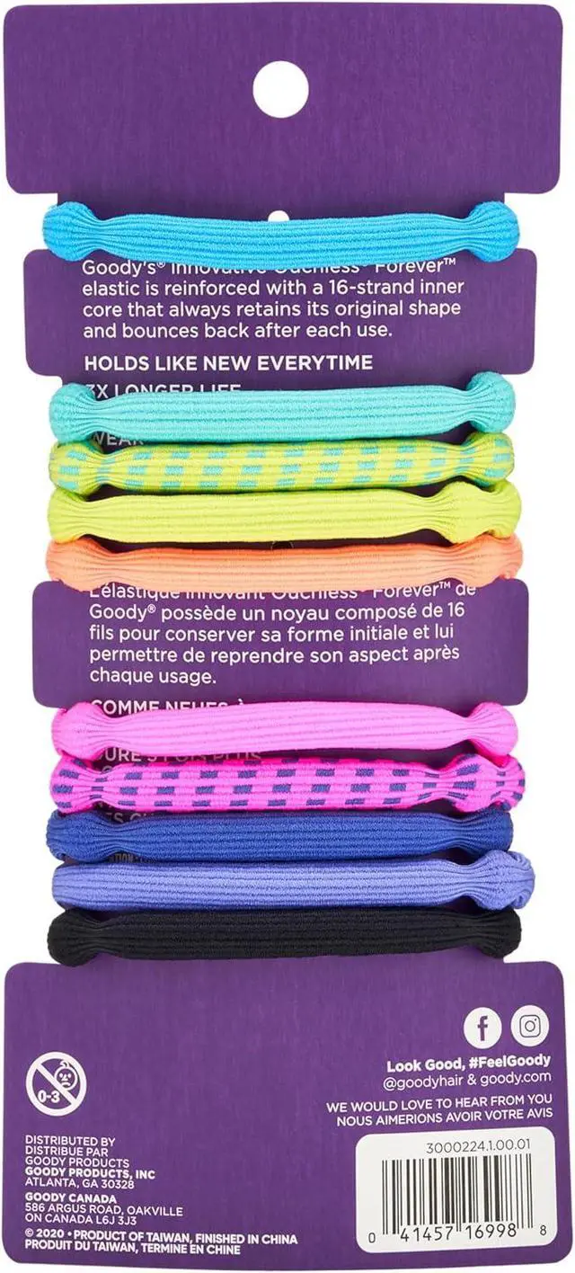 Alt view image 2 of 6 - Goody Ouchless Forever Hair Elastics-10 Ct,Assorted Neon,Damage-Free Bands,3X Stronger Hair Ties,Retainable Shape,16 Strand Inner Core,Hair-Accessories for Women&Men,All-Hair Types,(Pack of 2)