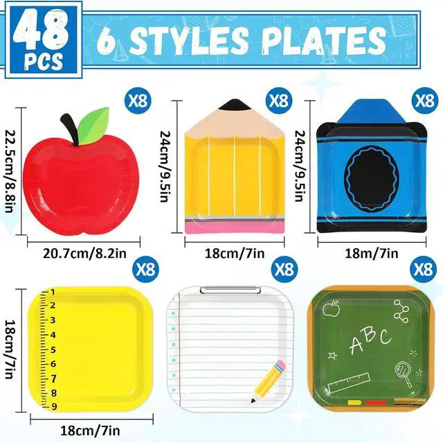 Alt view image 2 of 7 - Back to School Tableware Set First Day of School Dinnerware Party Red Apple Disposable Plates for Teacher Appreciation Decoration Themed Birthday Activities Supplies Serves 48
