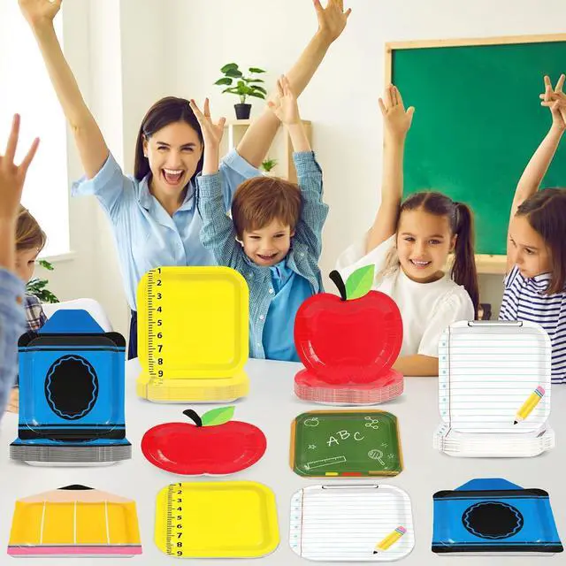 Alt view image 5 of 7 - Back to School Tableware Set First Day of School Dinnerware Party Red Apple Disposable Plates for Teacher Appreciation Decoration Themed Birthday Activities Supplies Serves 48