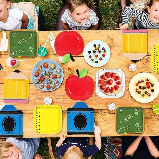 Alt view image 7 of 7 - Back to School Tableware Set First Day of School Dinnerware Party Red Apple Disposable Plates for Teacher Appreciation Decoration Themed Birthday Activities Supplies Serves 48