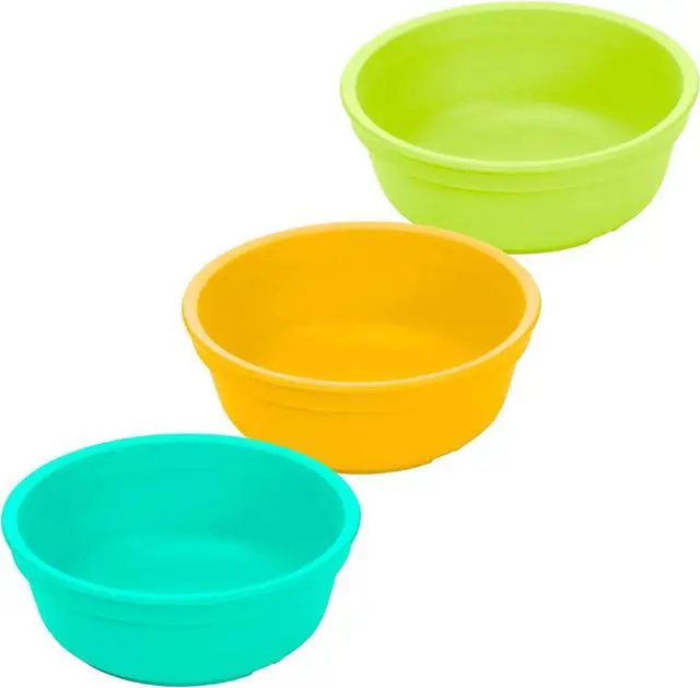 Main image of Re-Play 12 oz. Toddler Bowls Set of 3 - Kids Deep-Walled, Durable & Reusable Snack and Meal Bowls, Dishwasher & Microwave Safe, BPA-Free, Made in USA from Recycled Plastic, Aqua, Lime, Yellow