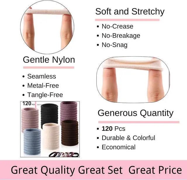 Alt view image 3 of 7 - LuSeren 120PCS Soft Hair Ties for Women No Damage Ouchless Nylon Hair Accessories, Seamless Fabric Ponytail Holders for Daily Use (Natural Colors)