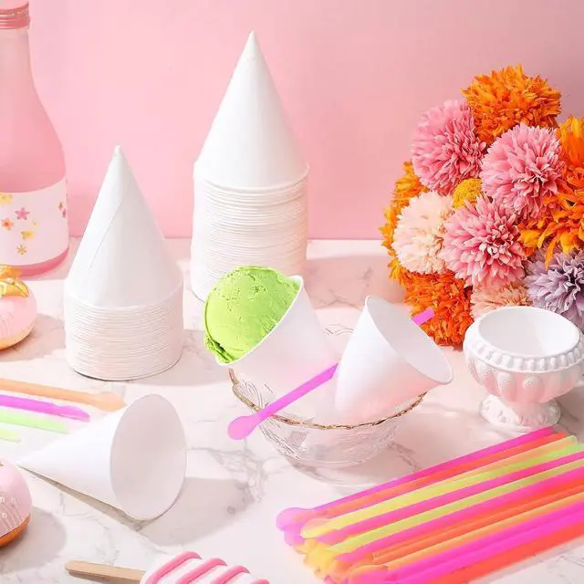 Alt view image 5 of 7 - Eaasty 100 Pcs Snow Cone and Straws Paper Cone Cups 4.5 oz,White | Disposable Snowcone Cups with Spoon Straws Bulk, Colorful, Conical Design, for Summer Slush Shaved Ice Cream Sorbet Water
