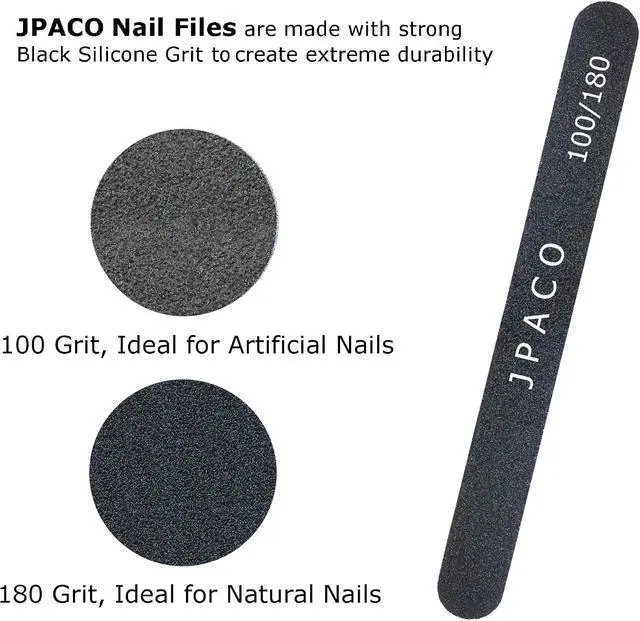 Alt view image 6 of 7 - 12-Pack Professional Nail Files: Double-Sided Emery Boards for Natural, Acrylic, Poly, and Gel Nails Washable Black Manicure Tools Set by JPACO (100/180 Grit)
