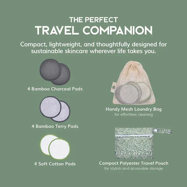 Alt view image 2 of 7 - GREENZLA Reusable Makeup Remover Pads |12 Pack | Travel Set | 4 terry, 4 charcoal & 4 cotton pads | Travel pouch & laundry bag included