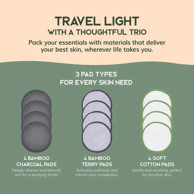 Alt view image 3 of 7 - GREENZLA Reusable Makeup Remover Pads |12 Pack | Travel Set | 4 terry, 4 charcoal & 4 cotton pads | Travel pouch & laundry bag included