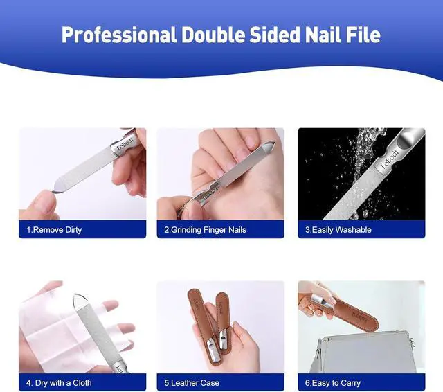Alt view image 4 of 7 - Stainless Steel Nail File with Anti-Slip Handle and Leather Case, Double Sided and Files Nails Easily for Men and Woman,Great for Home Salon or Travel Use (2 PCS Metal)