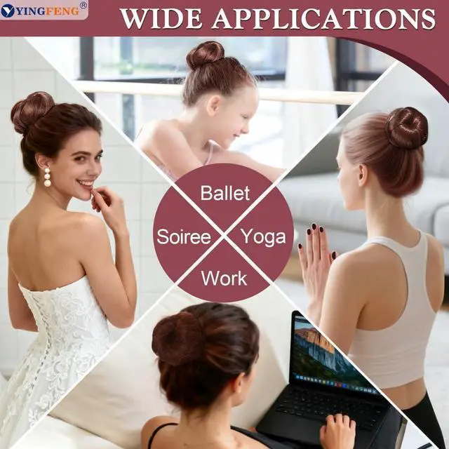 Alt view image 2 of 7 - YINGFENG 134 Pcs Brown Hair Bun Maker Kit Medium - 4 Bun Hair Pieces for Women, 20 Hair Net for Buns, 100 Bobby Pins for Women, 10 Hair Bands, for Ballet Styling, Hair Accessories for Girls