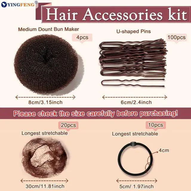 Alt view image 3 of 7 - YINGFENG 134 Pcs Brown Hair Bun Maker Kit Medium - 4 Bun Hair Pieces for Women, 20 Hair Net for Buns, 100 Bobby Pins for Women, 10 Hair Bands, for Ballet Styling, Hair Accessories for Girls