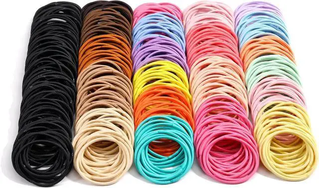 Main image of 500 PCS Hair Ties for Thin Hair - 2.5mm x 5cm Nylon Black Hair Tie Bulk | 20 Colors Assorted / 2" Diameter Size / Stretched 8" Length / Durable Seam Tech / Work Sport Daily