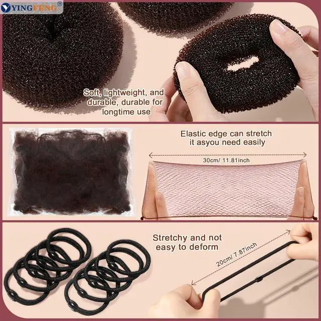 Alt view image 7 of 7 - YINGFENG 134 Pcs Brown Hair Bun Maker Kit Medium - 4 Bun Hair Pieces for Women, 20 Hair Net for Buns, 100 Bobby Pins for Women, 10 Hair Bands, for Ballet Styling, Hair Accessories for Girls