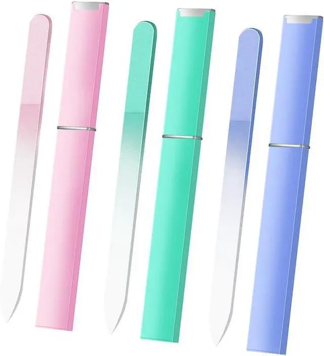 Main image of Glass Nail File with Case 3 Pack, Double-Sided Etched Crystal Fingernail Files for Natural Nails, Stocking Stuffers, Women Gift Set, Pink Mint Blue