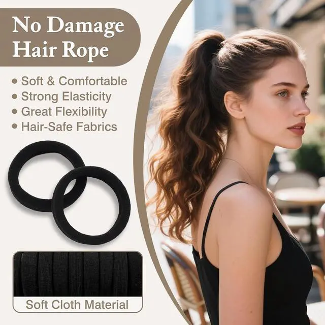Alt view image 3 of 7 - 20PCS Large Black Cotton Elastic Hair Bands Stretch Rope Ponytail Holders & Headbands for Thick, Heavy, Curly Hair