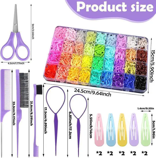 Alt view image 2 of 7 - 36 Colors Hair Rubber Bands for Hair, 2500 Pcs Elastic Hair Bands with 11 Hair Styling Tools, Colorful Elastic Hair Ties Toddler Hair Accessories for Girls Kids