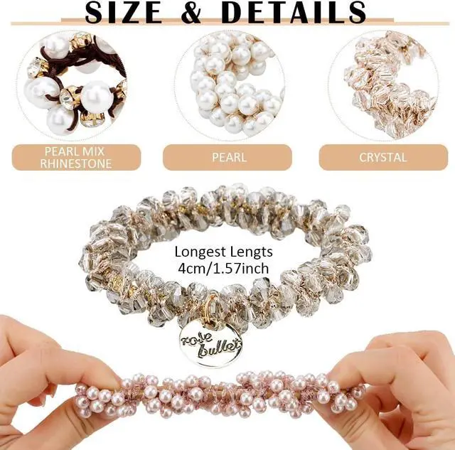 Alt view image 3 of 7 - Ahoney 9Pcs Pearl Hair Ties Elastic Hair Scrunchies Boho Hair Accessories | Ponytail Hold Crystal Beads Bulk Hair Ropes Stretchy Bride Wedding Bachelorette Party for Women Girls (Pearl&Crystal)
