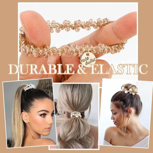Alt view image 2 of 7 - Ahoney 9Pcs Pearl Hair Ties Elastic Hair Scrunchies Boho Hair Accessories | Ponytail Hold Crystal Beads Bulk Hair Ropes Stretchy Bride Wedding Bachelorette Party for Women Girls (Pearl&Crystal)