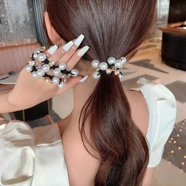 Alt view image 7 of 7 - Ahoney 9Pcs Pearl Hair Ties Elastic Hair Scrunchies Boho Hair Accessories | Ponytail Hold Crystal Beads Bulk Hair Ropes Stretchy Bride Wedding Bachelorette Party for Women Girls (Pearl&Crystal)