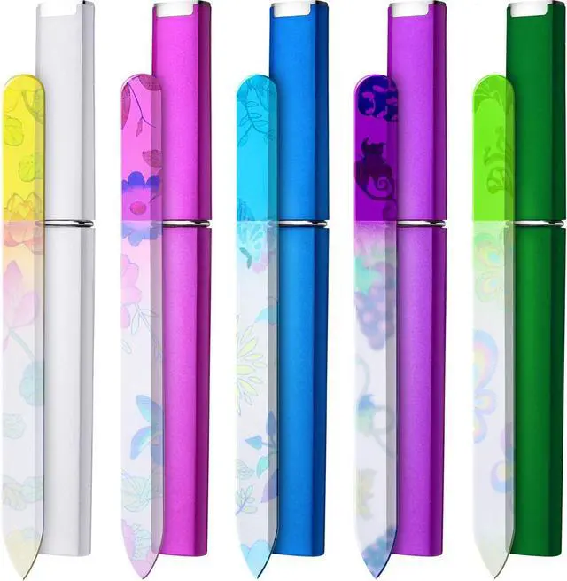 Main image of Mudder 5 Pack Glass Nail Files with Cases for Natural Nail, Classic Pattern | 5.51 in Length, Multicolor Classic Patterns, Washable and Reusable, Smooth Shaping, Easy Grip, Home Travel and Salon Use