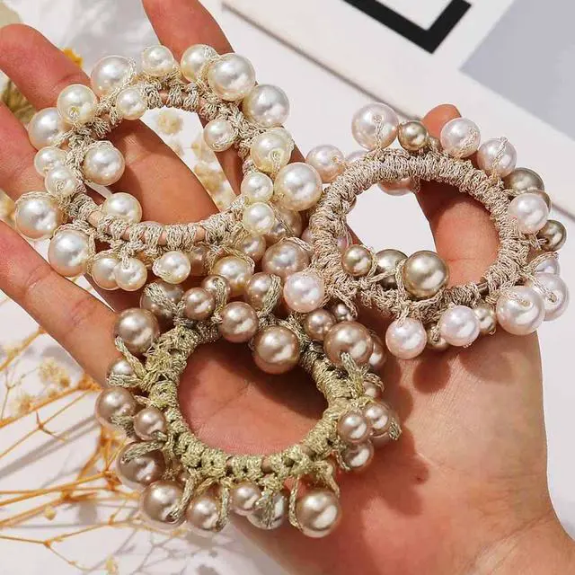Alt view image 2 of 7 - Fashey Pearl Hair Scrunchies Beaded Hair Ties Elastic Hair Bands Ponytail Holder Hair Accessories for Women and GirlsPack of 3