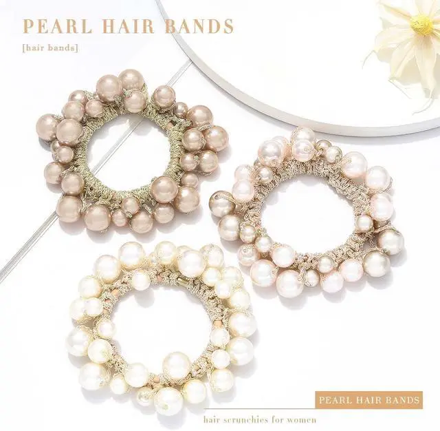 Alt view image 4 of 7 - Fashey Pearl Hair Scrunchies Beaded Hair Ties Elastic Hair Bands Ponytail Holder Hair Accessories for Women and GirlsPack of 3