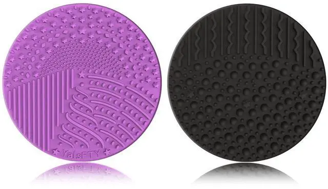 Main image of 2 Pieces Silicone Makeup Brush Cleaner, YalsFTY Cosmetic Brush Scrubber Mat Pad Cleaning Tool, Dual-Sided Functionality to Accommodate All types of Brushes, Powder Puffs and Sponges (Black & Purple)