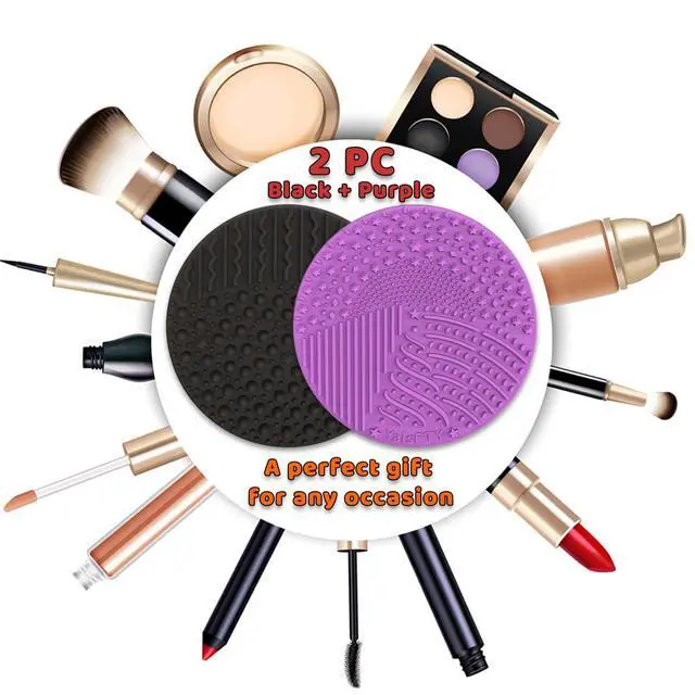 Alt view image 6 of 7 - 2 Pieces Silicone Makeup Brush Cleaner, YalsFTY Cosmetic Brush Scrubber Mat Pad Cleaning Tool, Dual-Sided Functionality to Accommodate All types of Brushes, Powder Puffs and Sponges (Black & Purple)