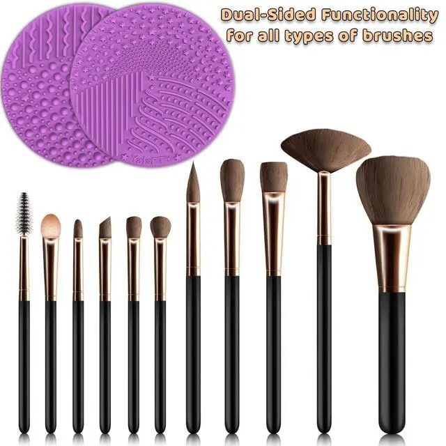 Alt view image 7 of 7 - 2 Pieces Silicone Makeup Brush Cleaner, YalsFTY Cosmetic Brush Scrubber Mat Pad Cleaning Tool, Dual-Sided Functionality to Accommodate All types of Brushes, Powder Puffs and Sponges (Black & Purple)