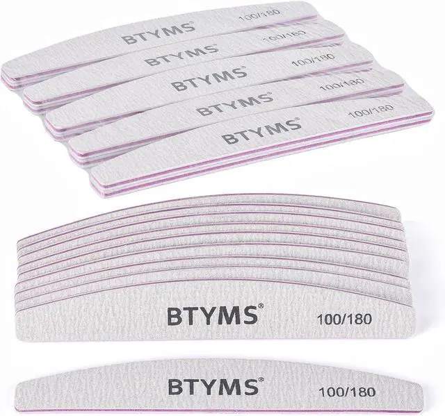 Main image of BTYMS 10 Pcs 100/180 Grit Nail Files - Double-Sided Emery Boards for Acrylic, Gel & Natural Nails