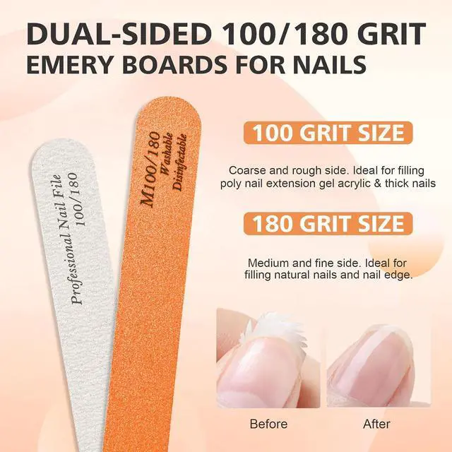 Alt view image 2 of 7 - BALUCA 10-Pack Professional Nail Files & Buffers for Acrylic & Natural Nails | Double-Sided 100/180 Grit Emery Boards | Reusable Salon-Grade Nail Filer & Shine Kit for Women & Pets (Orange)